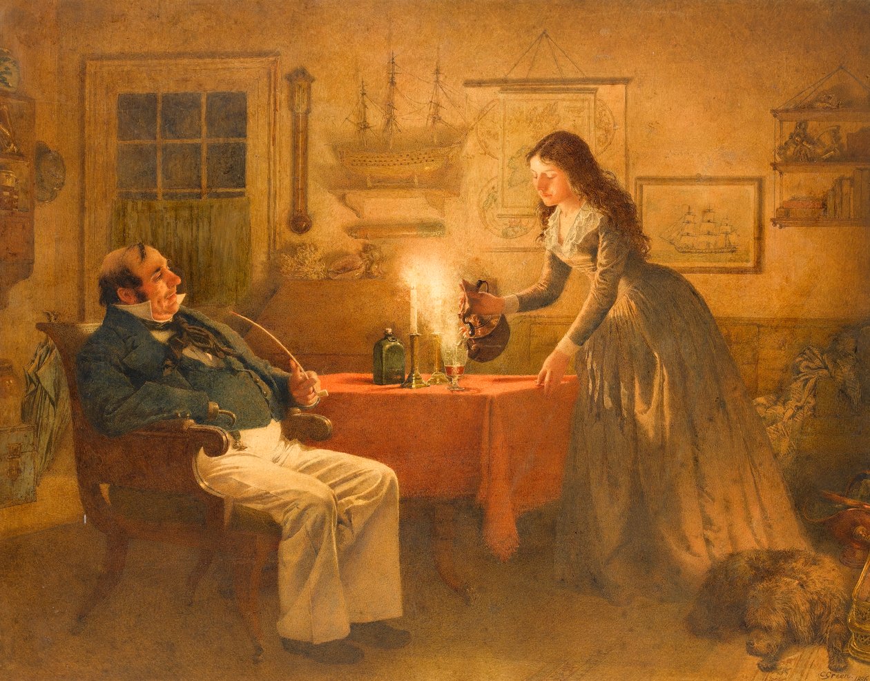 Kaptein Cuttle og Florence Dombey, 1886 (wc på papir) av Charles Green