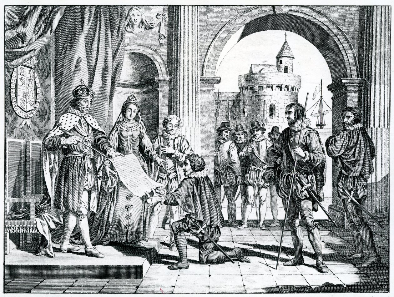 Christopher Columbus (1451-1506) presenterer en beretning om hans oppdagelse av Amerika for kongen og dronningen av Spania av Charles Grignion