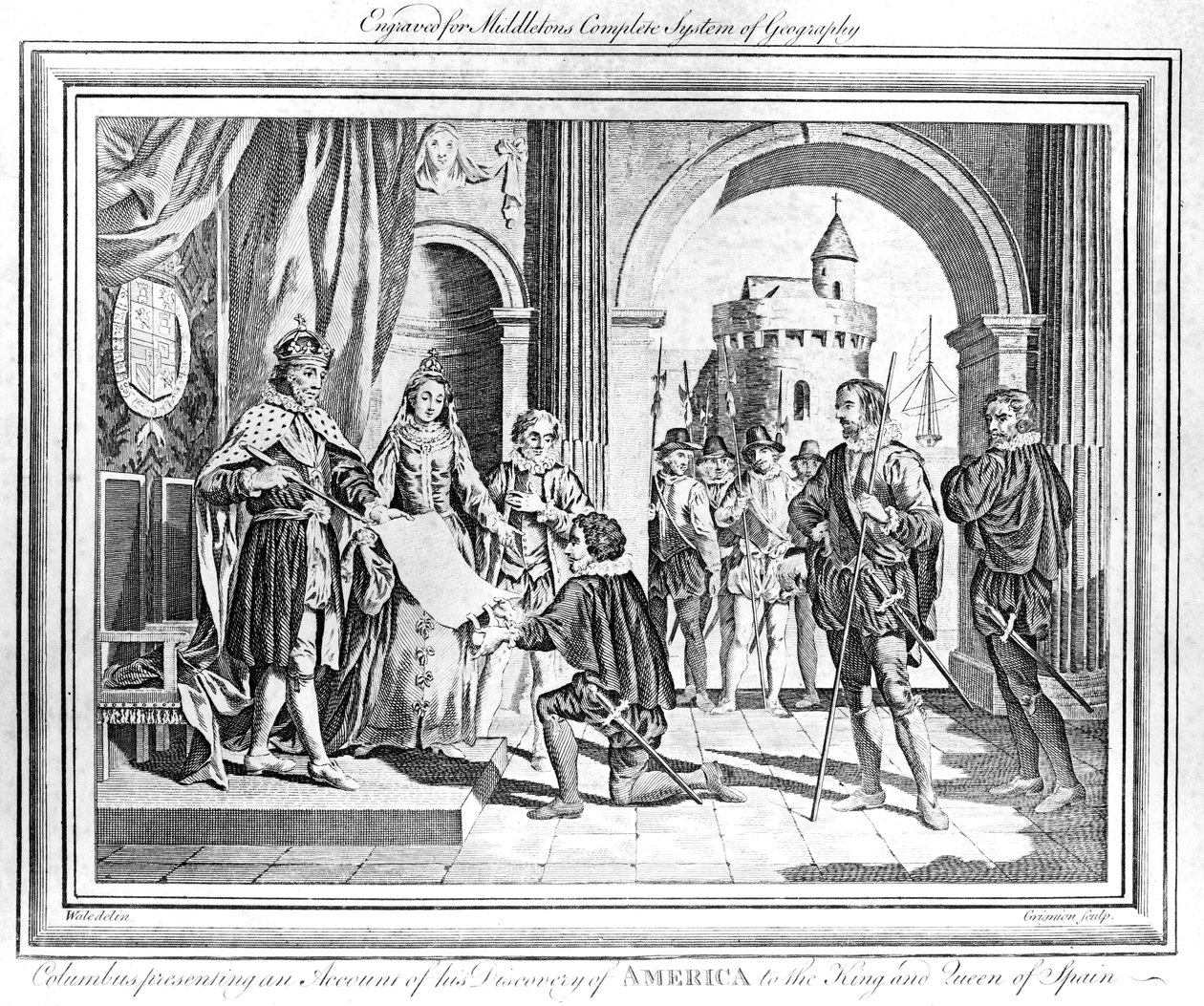 Christopher Columbus (1451-1506) presenterer en beretning om hans oppdagelse av Amerika for kongen og dronningen av Spania av Charles Grignion