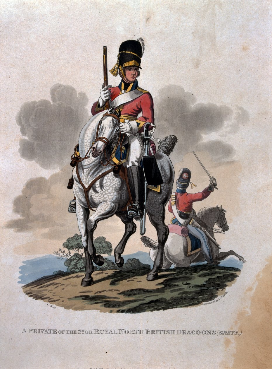 En menig av de 2., eller Royal Northern British Dragoons (Greys) fra 'Costumes of the Army of the British Empire, ifølge de siste forskriftene 1812', gravert av JC Stadler, utgitt av Colna av Charles Hamilton Smith