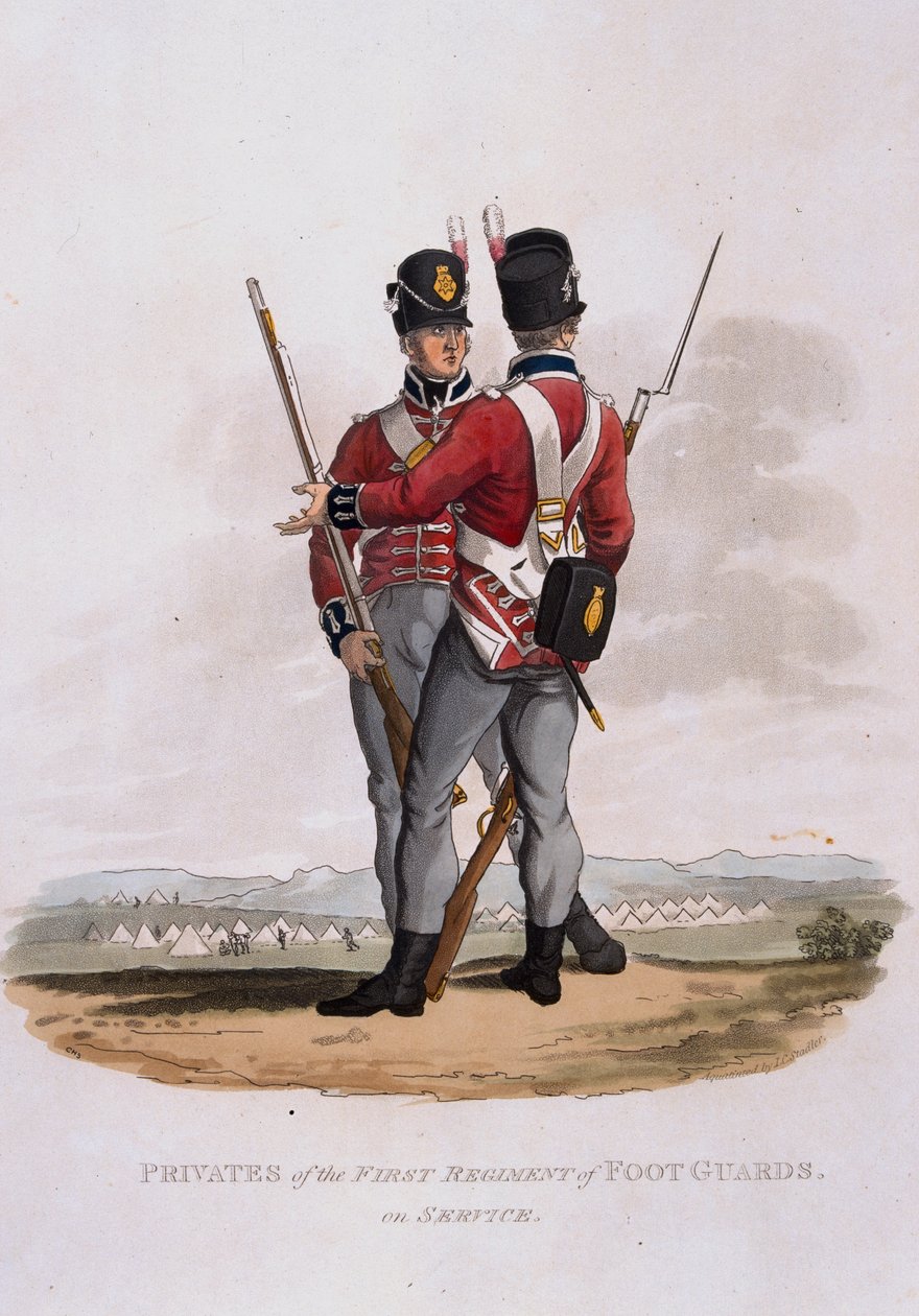 Menige fra First Regiment of Foot Guards on Service, fra 'Costumes of the Army of the British Empire, ifølge de siste forskriftene 1812', gravert av JC Stadler, utgitt av Colnaghi und C av Charles Hamilton Smith