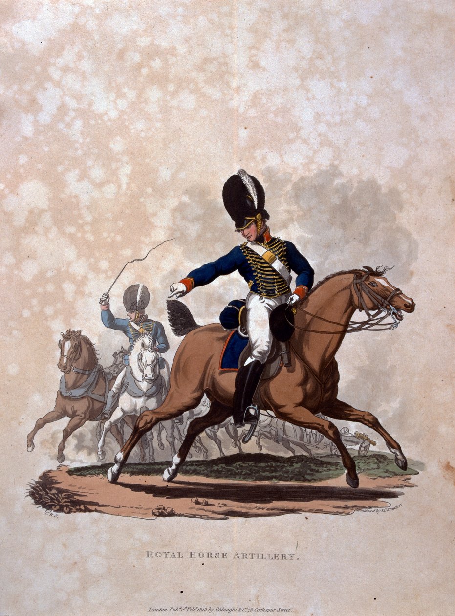 Royal Horse Artillery, fra 'Costumes of the Army of the British Empire, ifølge de siste forskriftene 1812', gravert av JC Stadler, utgitt av Colnaghi und Co. 1812-15 (farget akvatint) av Charles Hamilton Smith