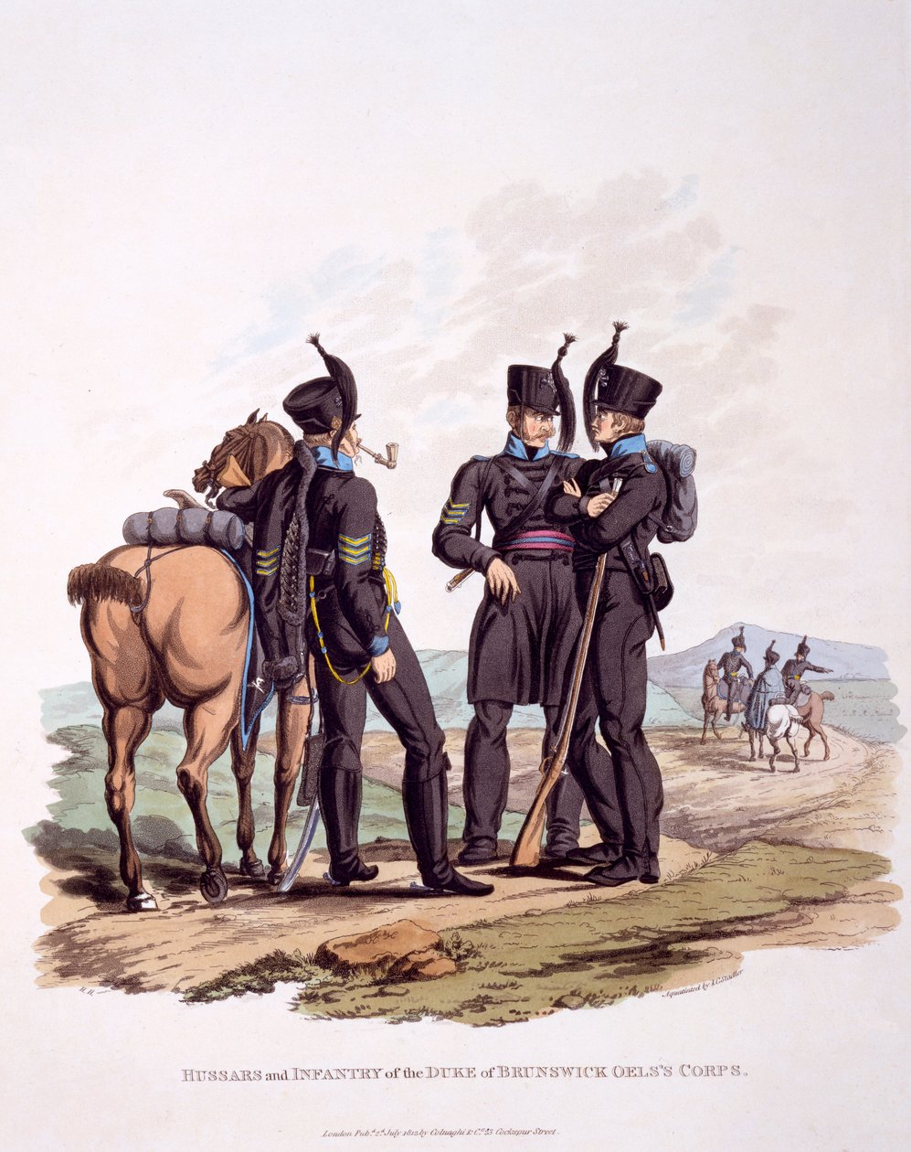 Uniform of Hussars und Infantry and the Duke of Brunswick's Oel's Corps, fra 'Costume of the British Empire, if the Last Regulations', utgitt 1812 (håndfarget akvatint) av Charles Hamilton Smith