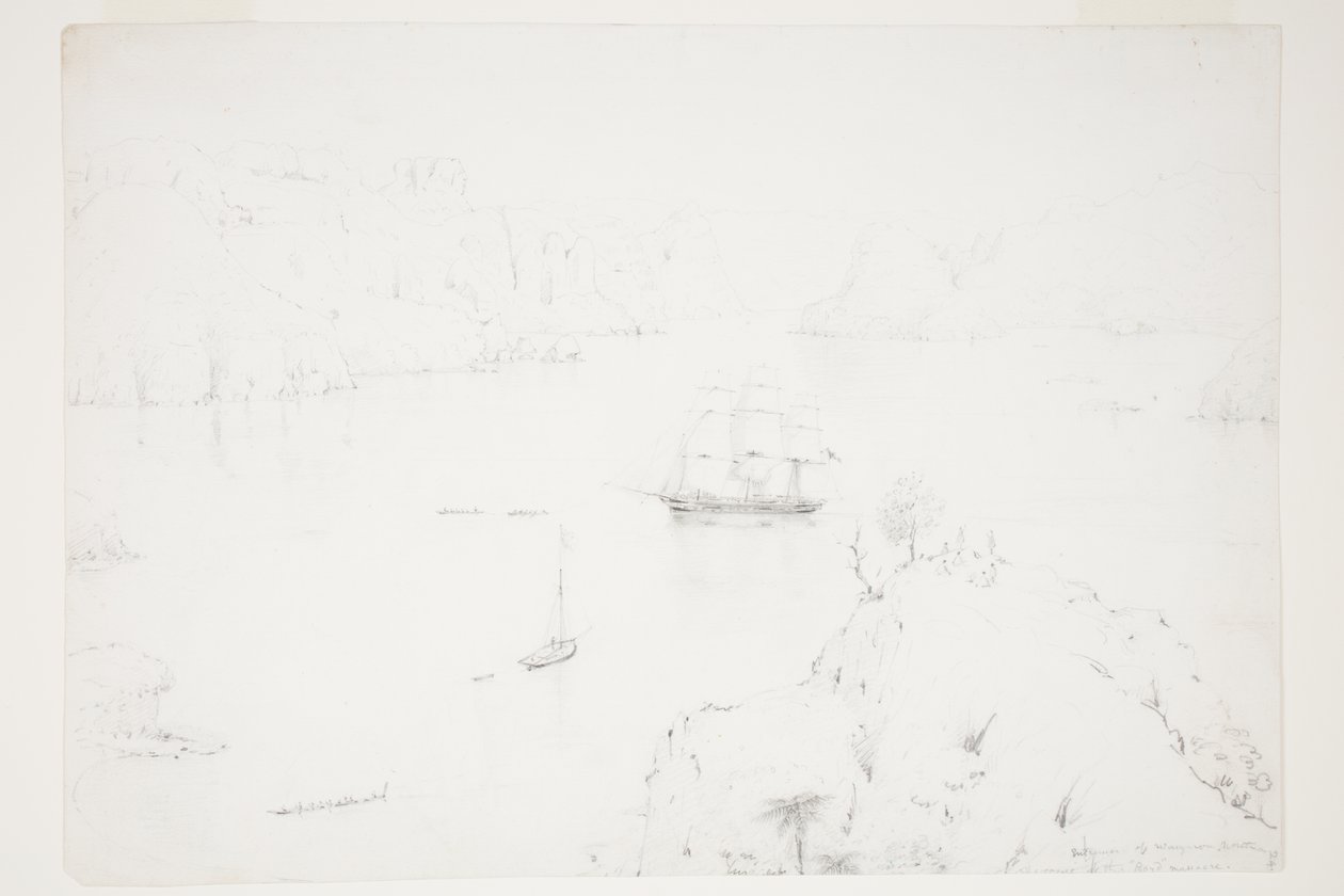 Inngangen til Wangaroa, nord. Åstedet for Boyd-massakren av Charles Heaphy