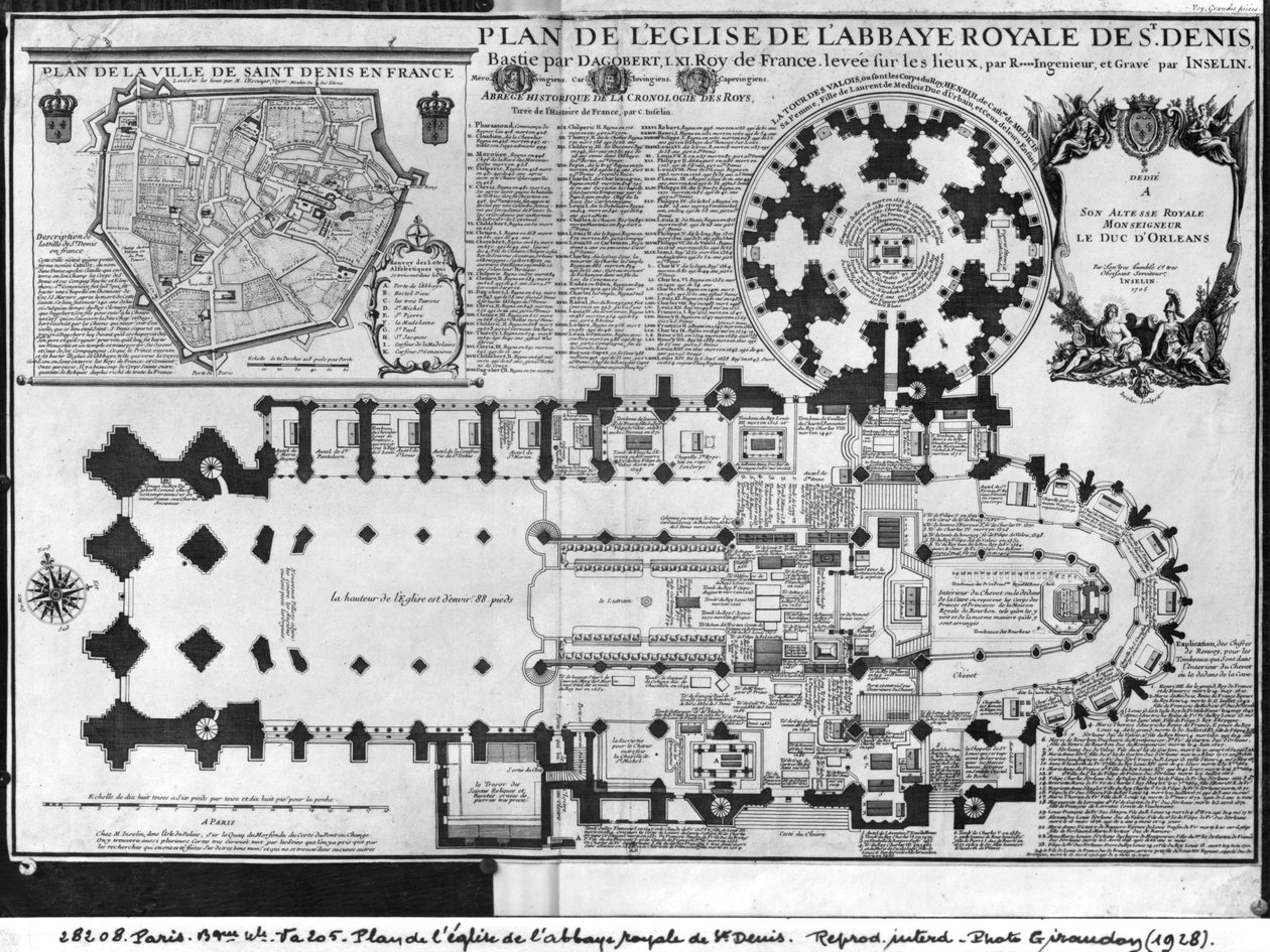 Plan over Church of the Royal Abbey of St. Denis med Valois Tower, 1705 (se også 414687) av Charles Inselin