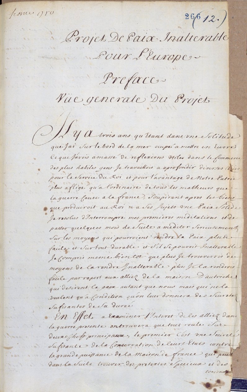 Forord til Projet de Paix Inalterable pour lEurope (Prosjekt for uforanderlig fred i Europa) ca. 1710-13 (penn og blekk på papir) av Charles Irenee Castel, Abbe de Saint Pierre