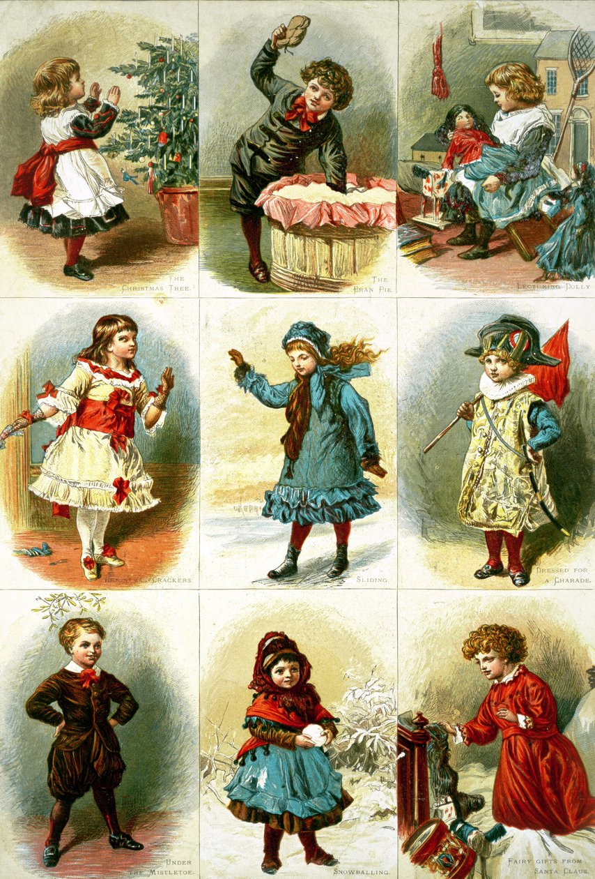 Julekort som viser ulike barneaktiviteter, pub. av Leighton Bros., 1882 av Charles J. Staniland