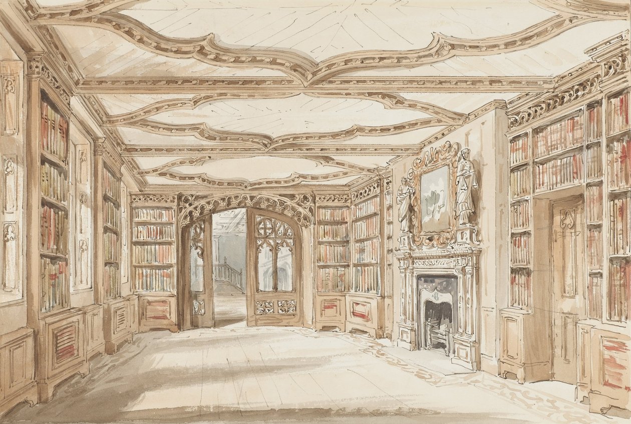 Innvendig utsikt over et bibliotek i gotisk stil av Charles James Richardson
