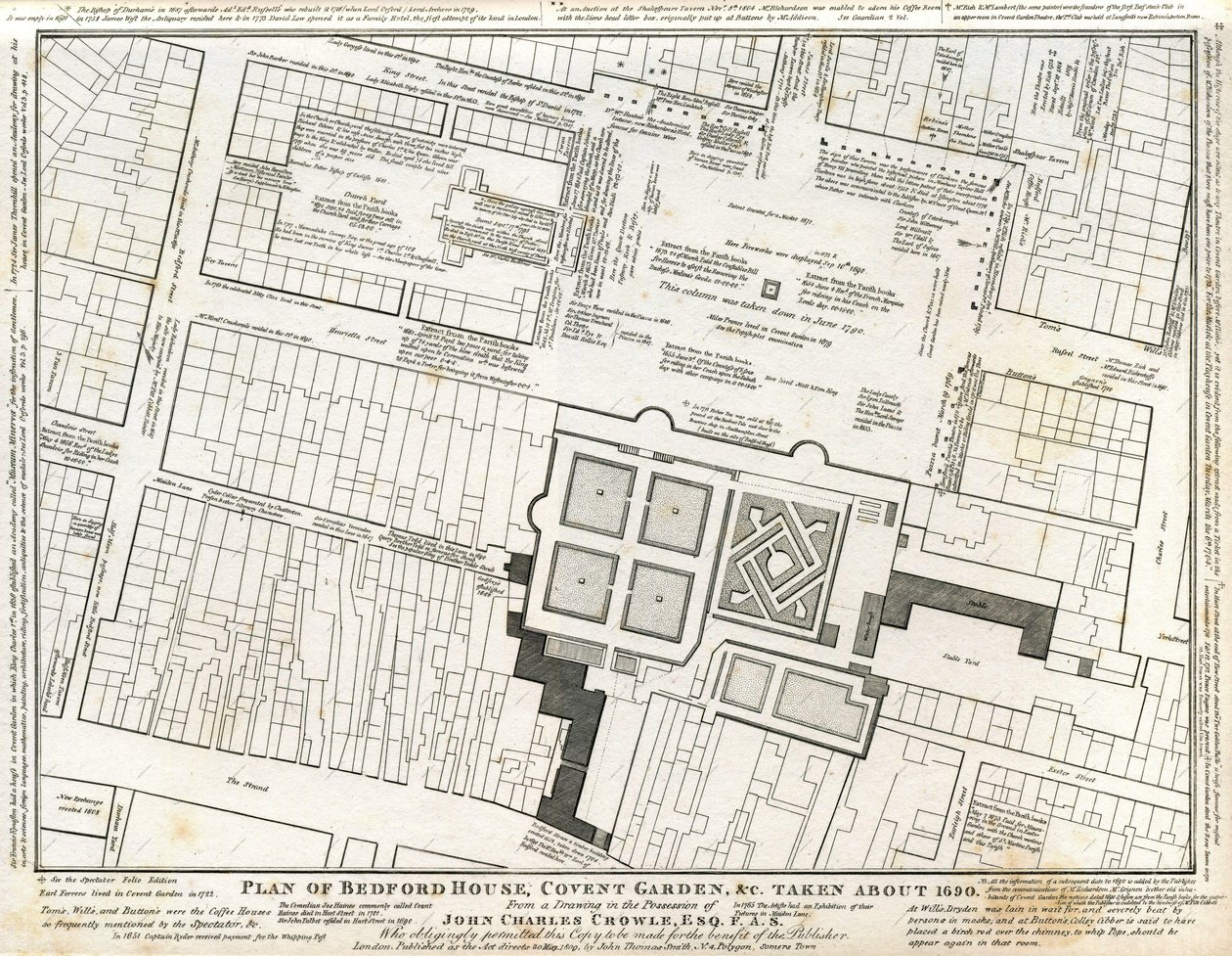 Plan over Bedford House og hage i Covent Garden tegnet rundt 1690, med påfølgende merknader av Charles John Crowle