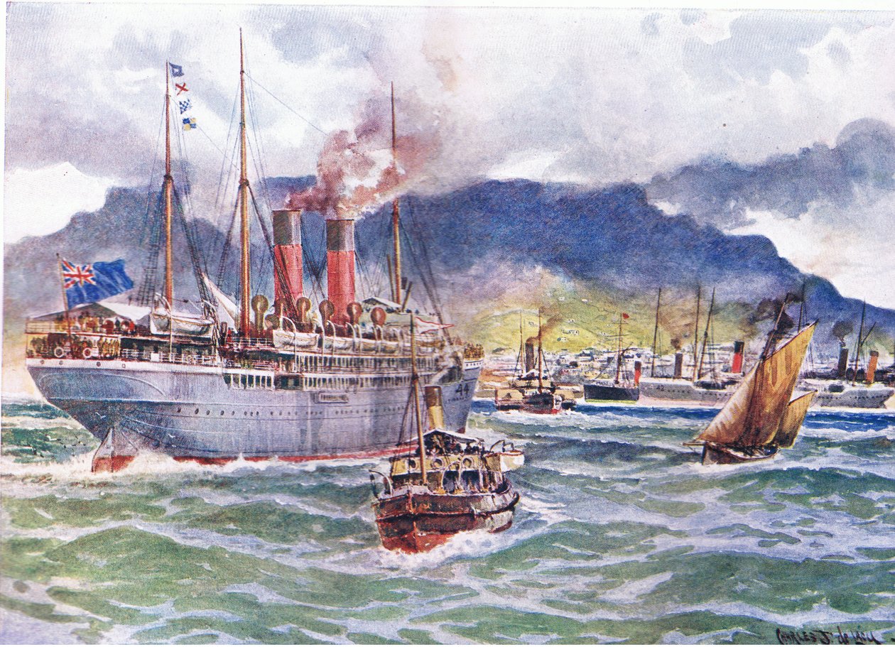 Transporter i Table Bay under den sørafrikanske krigen, illustrasjon fra Cassells History of England, 1900-tallet av Charles John de Lacy