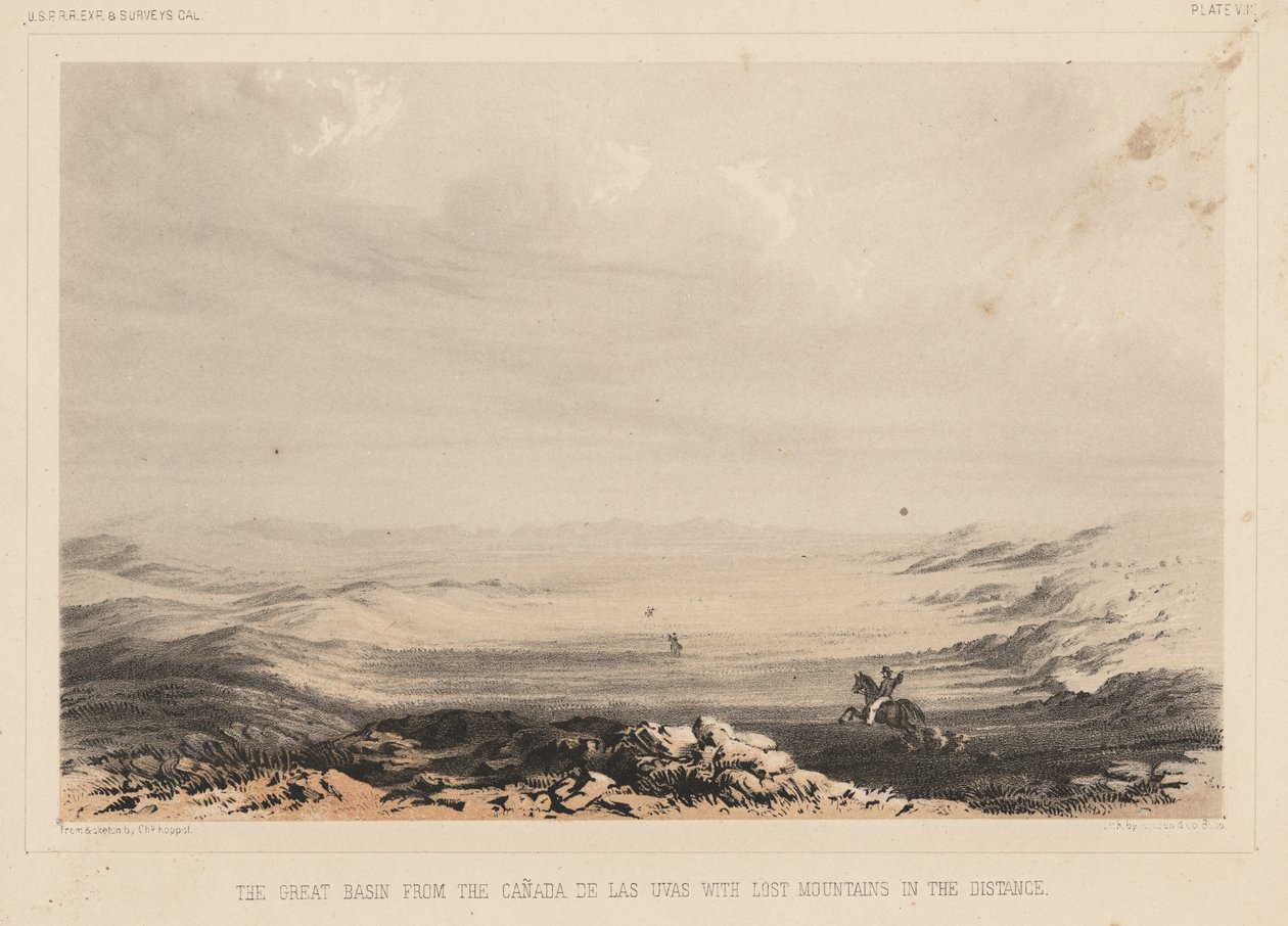 Det store bassenget fra Canada de las Uvas med de tapte fjellene i det fjerne, litho av A. Hoen und Co., 1855 (chromolitho) av Charles Koppel