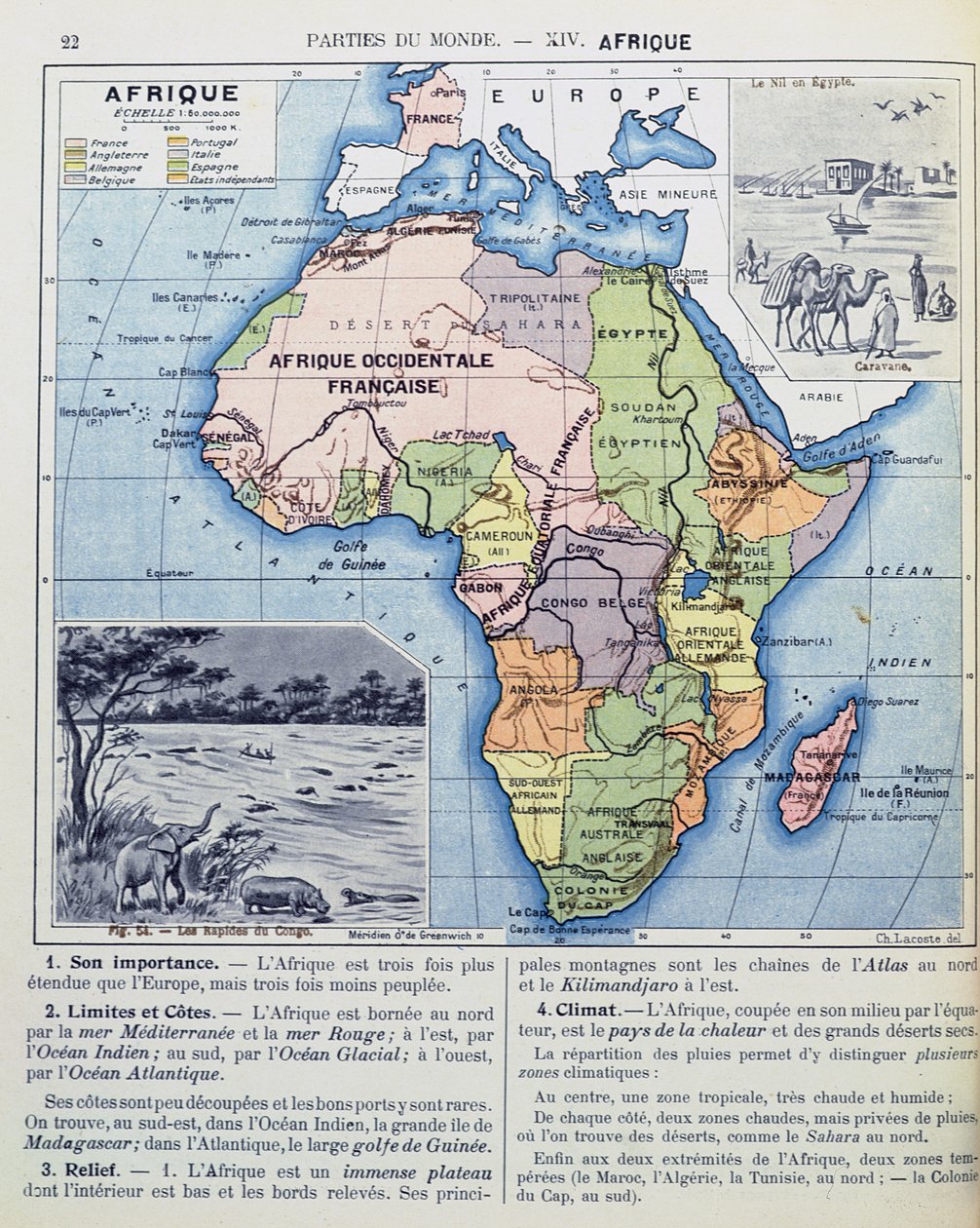 Kart over kolonialt Afrika, fra en skolebok, utgitt i 1911 av Charles Lacoste