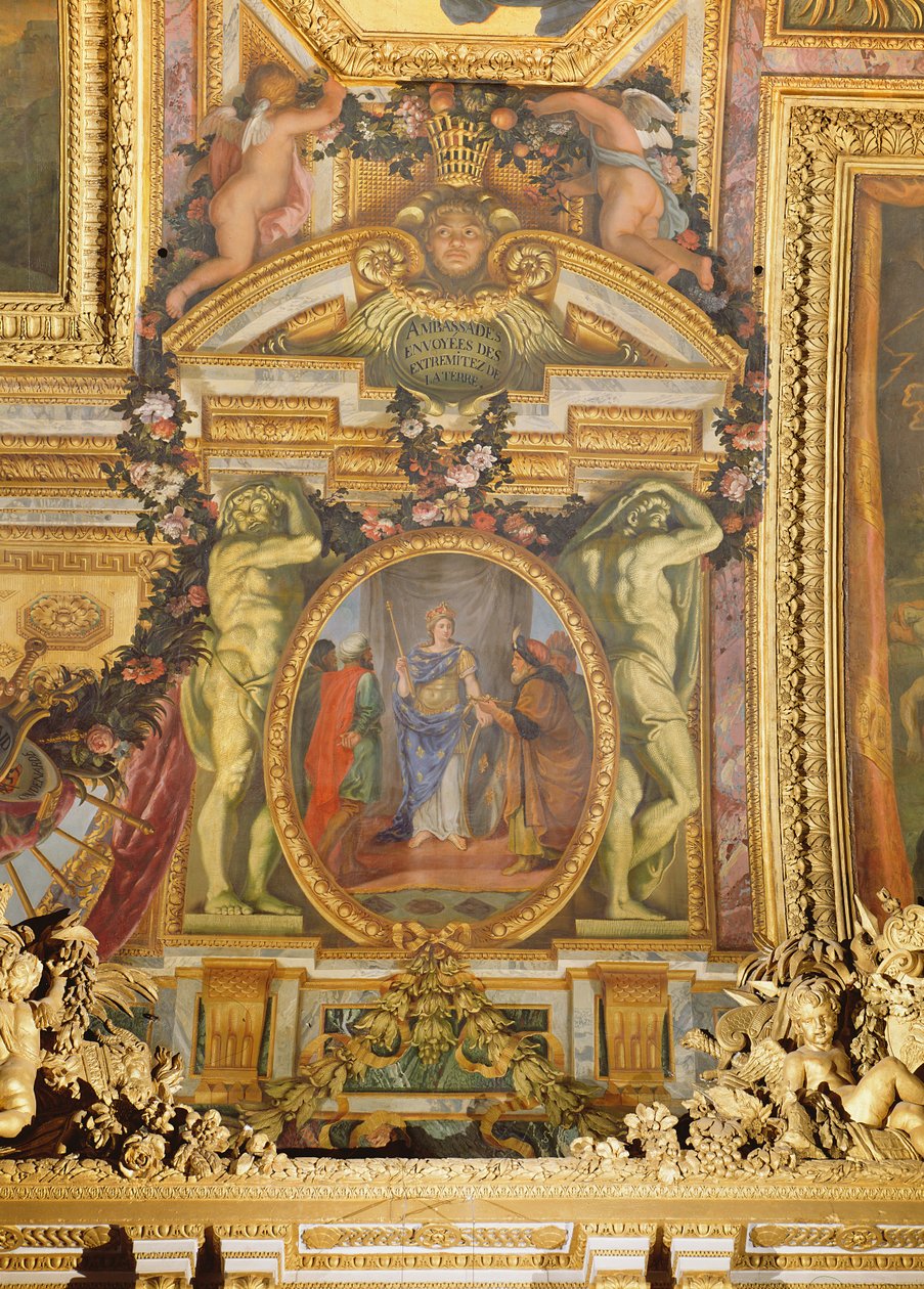 Ambassadører som ankommer fra alle jordens hjørner, takmaleri fra Galerie des Glaces av Charles Le Brun