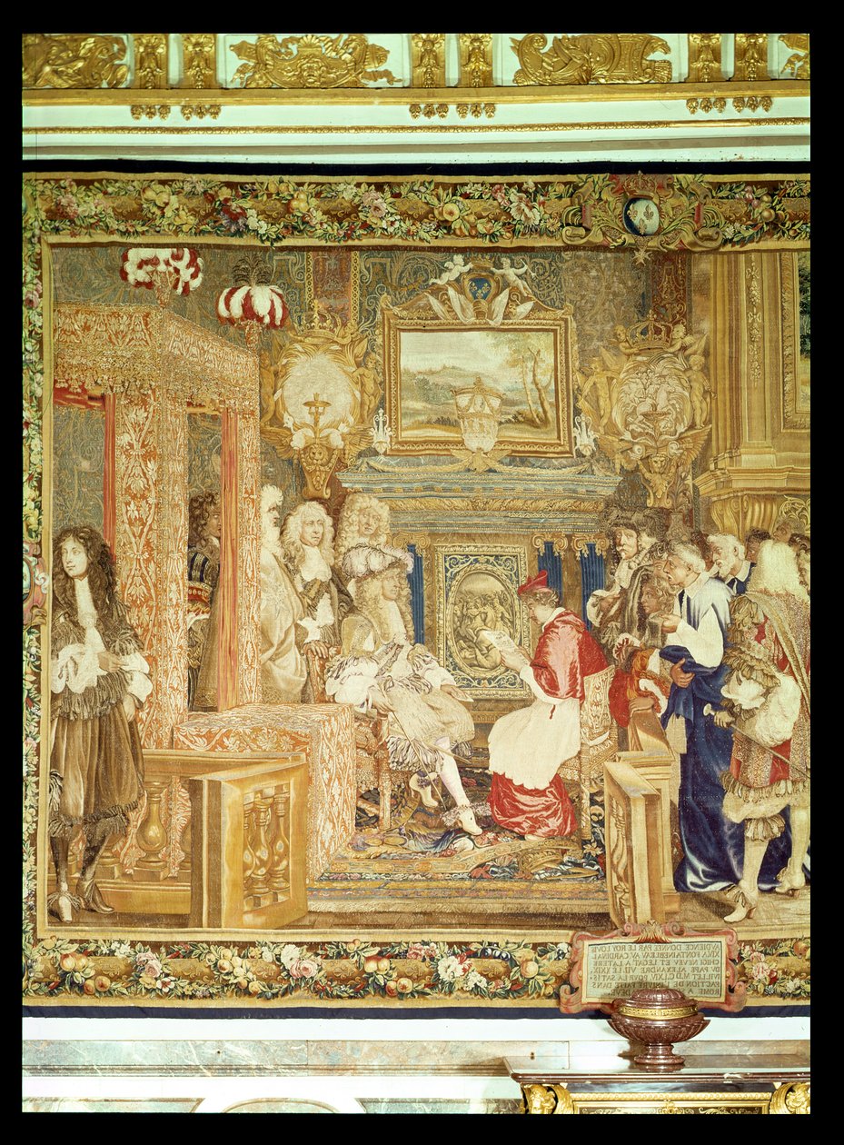 Louis XIV (1638-1715) mottok den pavelige legaten i Fontainebleau, detalj fra et Gobelins-teppe, 29. juli 1664 (teppe) (se 22905) av Charles Le Brun