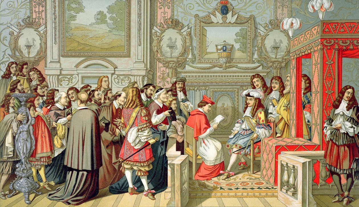 Louis XIV (1638-1715) mottok den pavelige legaten i Fontainebleau 29. juli 1664 av Charles Le Brun