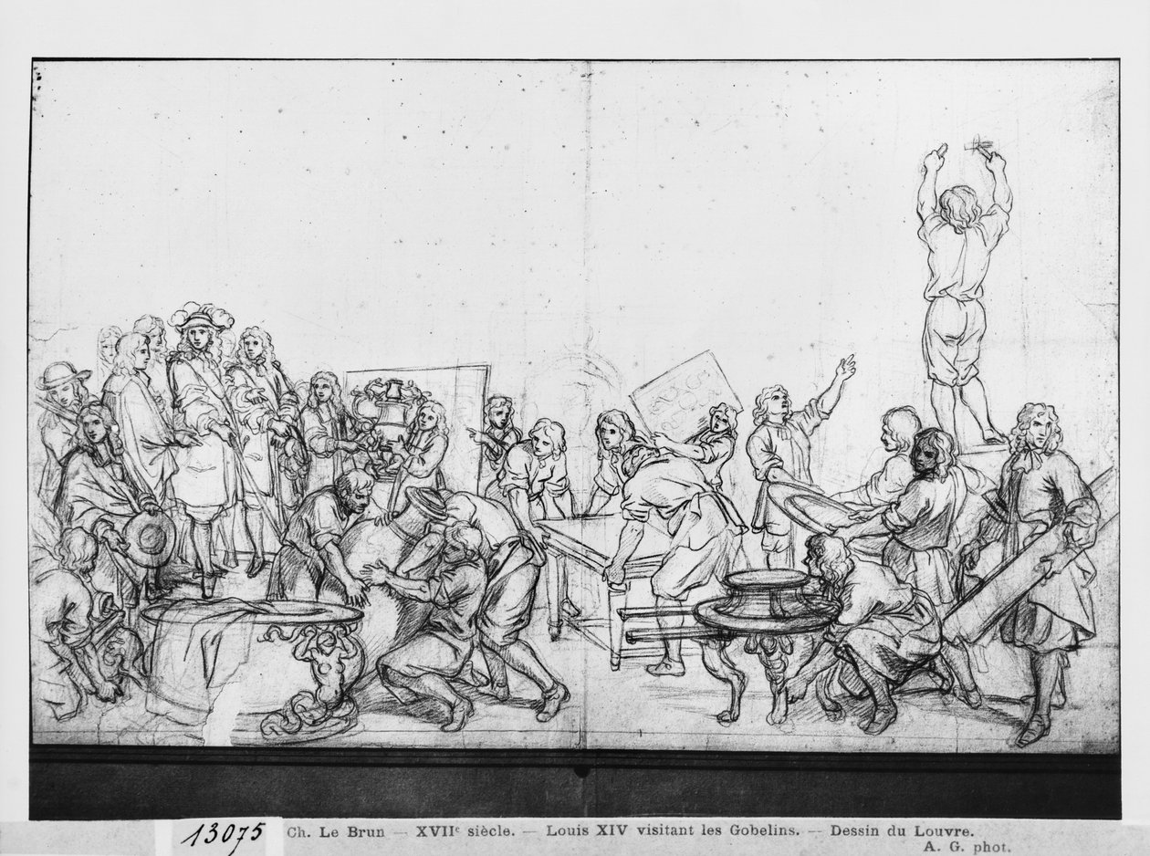 Louis XIV besøker Gobelins-fabrikken (pierre noire på papir) av Charles Le Brun