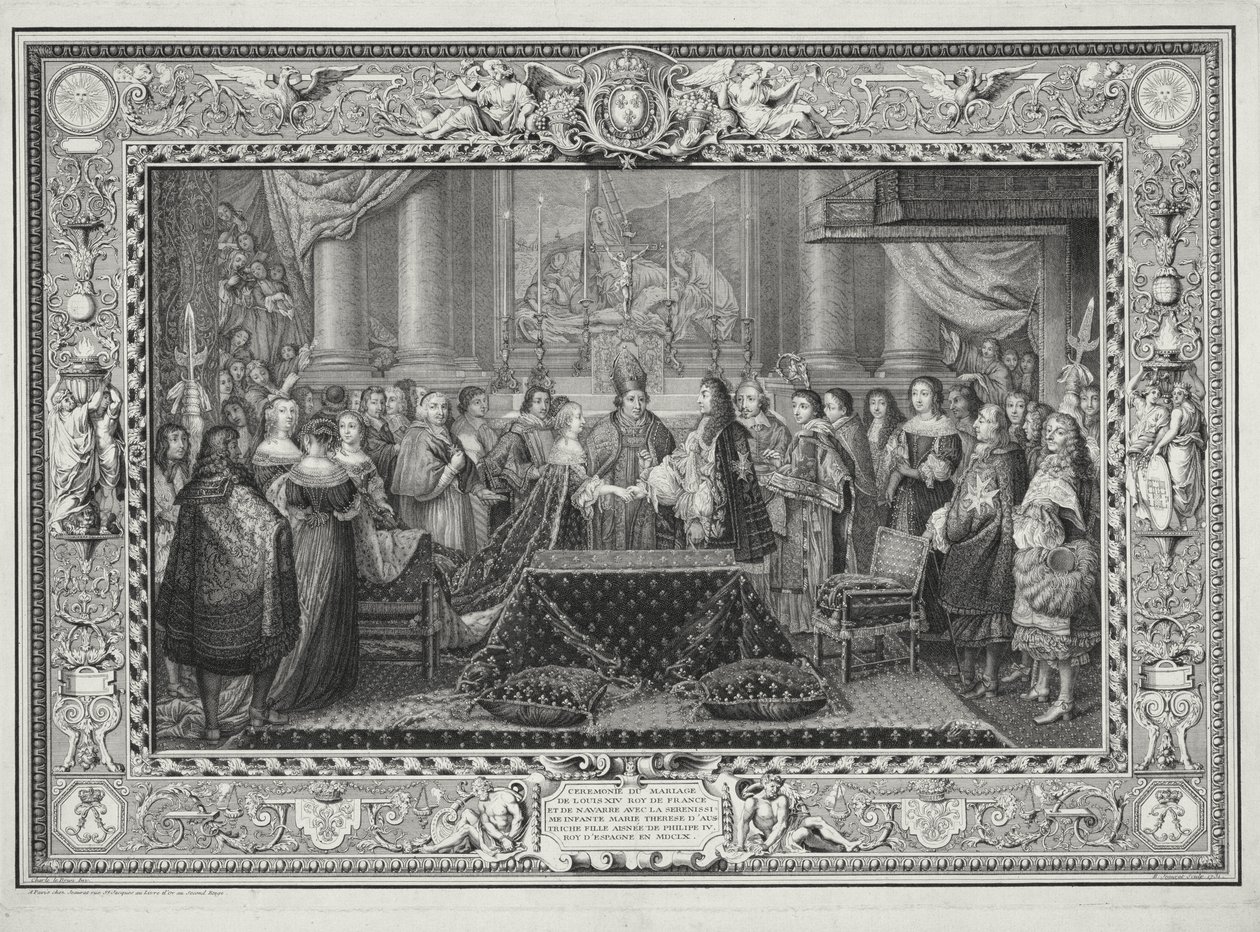 Vielsesseremoni av Ludvig XIV (1638-1715) konge av Frankrike og Navarra, og infantaen, Maria Theresia av Østerrike (1638-83), datter av Filip IV, konge av Spania i 1660, gravert av B. Jeaurat, 1731 (l av Charles Le Brun