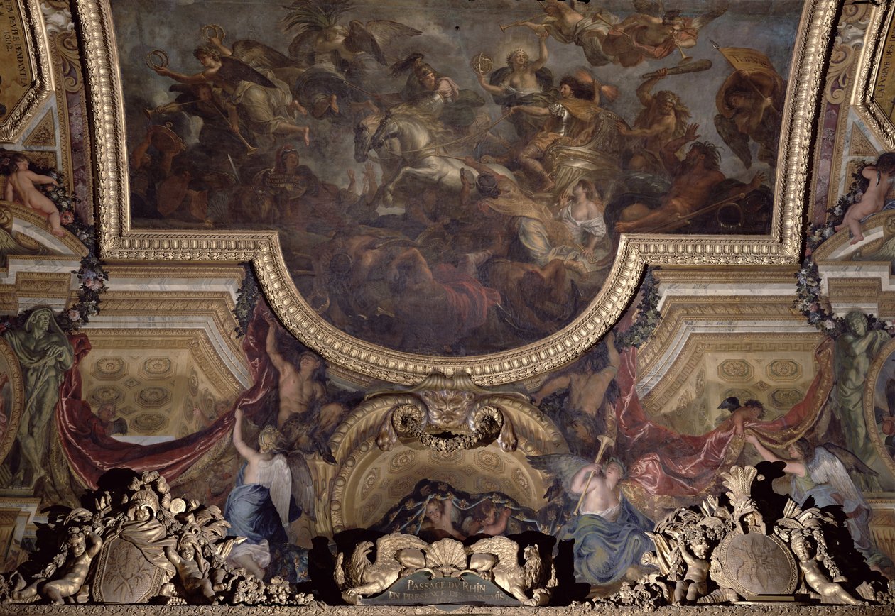 Passasje på Rhinen i fiendenes nærvær 1672, takmaleri fra Galerie des Glaces av Charles Le Brun