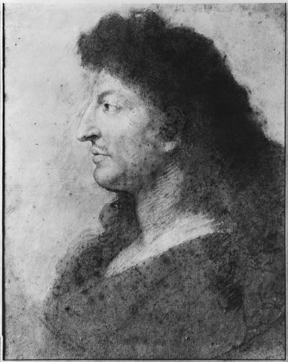 Portrett av Louis XIV i profil, med bar nakke og langt hår, ca. 1678 (pastell og pierre noire på gråbeige papir) (se også 177108) av Charles Le Brun
