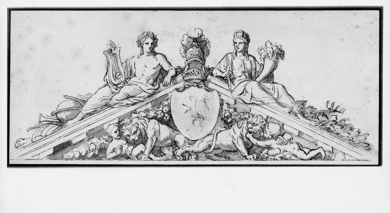 Prosjekt for pedimentet til slottet Vaux-Le-Vicomte (penn og brunt blekk und pierre noire og brun vask på beige papir) av Charles Le Brun