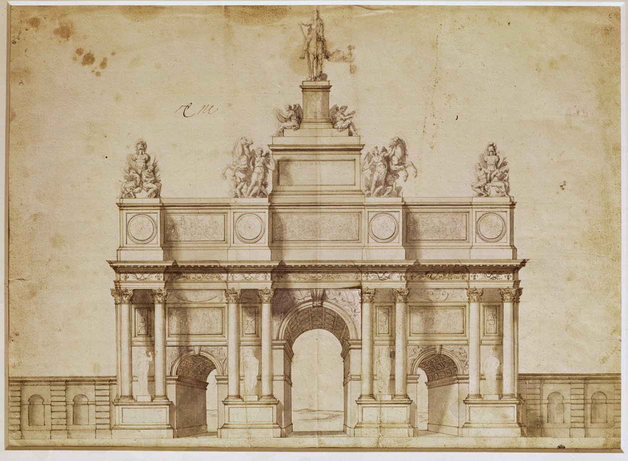 Forslag til Triumfbuen, rue Saint-Antoine, Paris, ca. 1668 (penn og brunt blekk på papir) av Charles Le Brun