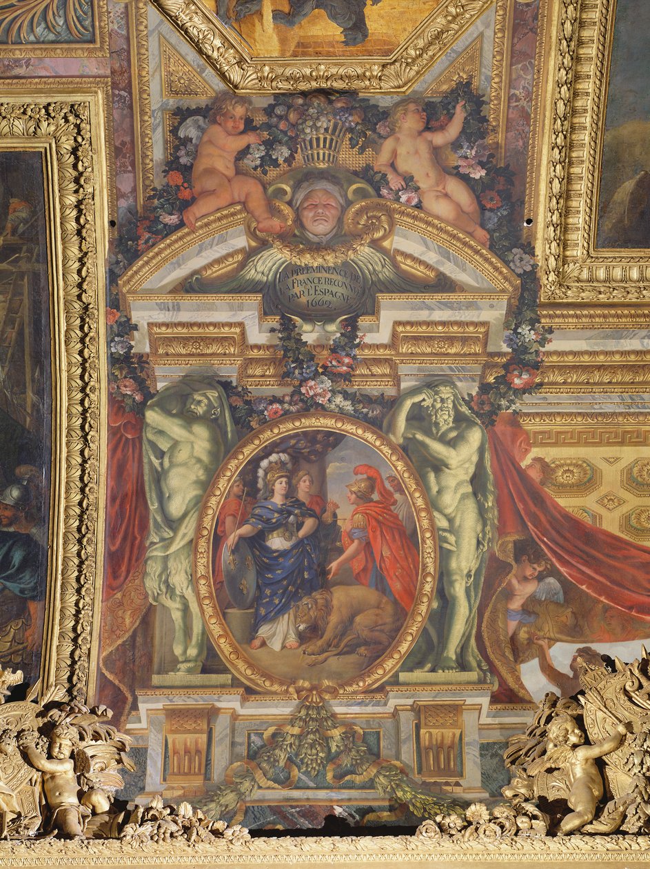 Spania anerkjente Frankrikes fremtredende posisjon i 1662, takmaleri fra Galerie des Glaces av Charles Le Brun