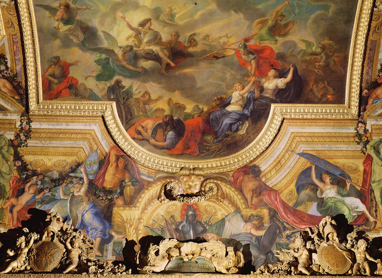 Fangen av byen og citadellet i Gent på seks dager i 1678, takmaleri fra Galerie des Glaces av Charles Le Brun