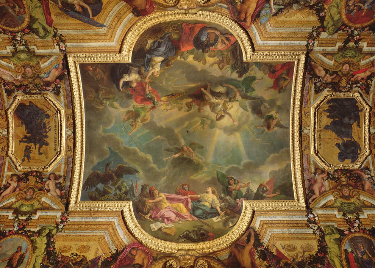 Erobringen av byen og citadellet i Gent på seks dager i 1678 og strategien til de spanske ødelagt av inntoget av Gent, takmaleri fra Galerie des Glaces (se 165391 og 165392) av Charles Le Brun