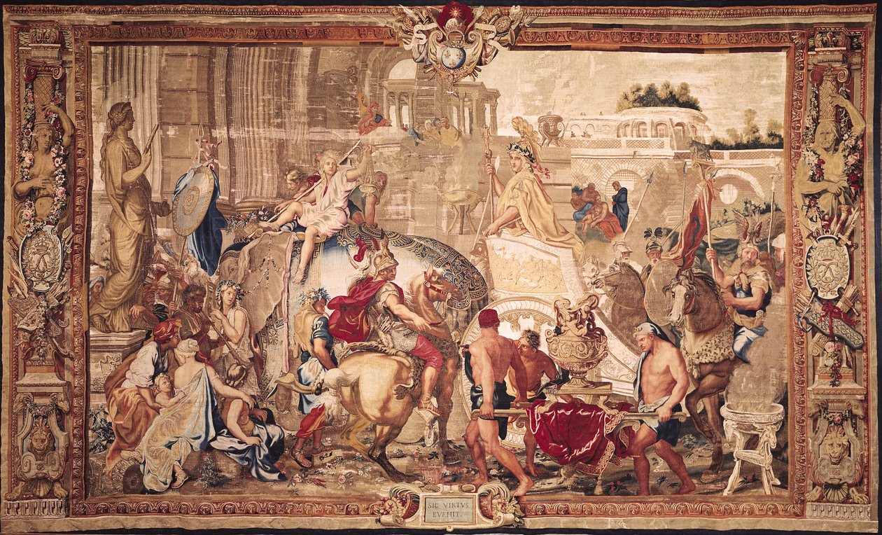 Inngangen til Alexander III (356-323 f.Kr.) den store til Babylon, Gobelins Workshop (teppe) av Charles Le Brun