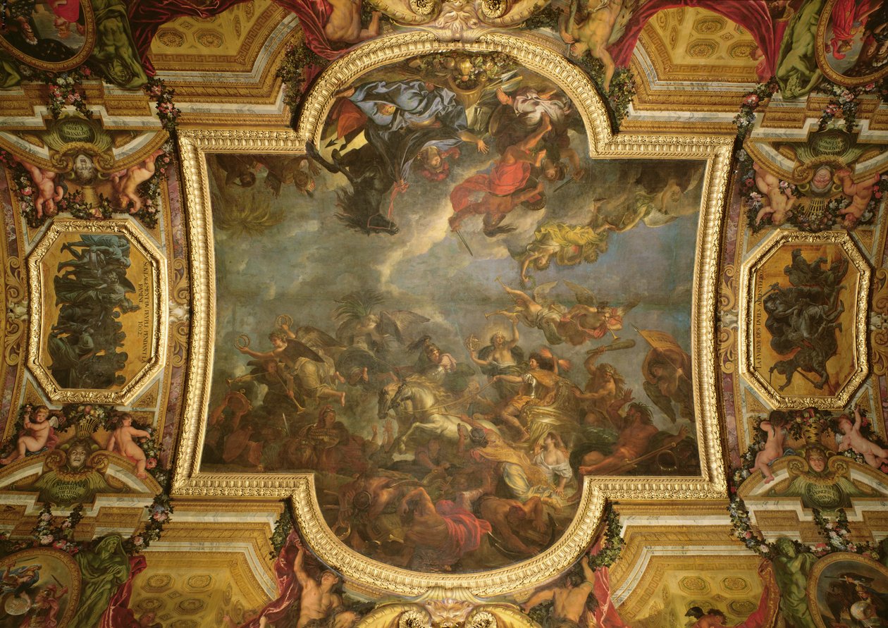 Utsikt over kongen som tok Maastricht på tretten dager i 1673 og passasjen på Rhinen i fiendenes nærvær i 1672, takmaleri fra Galerie des Glaces, 1678-86 (se også 379737) av Charles Le Brun