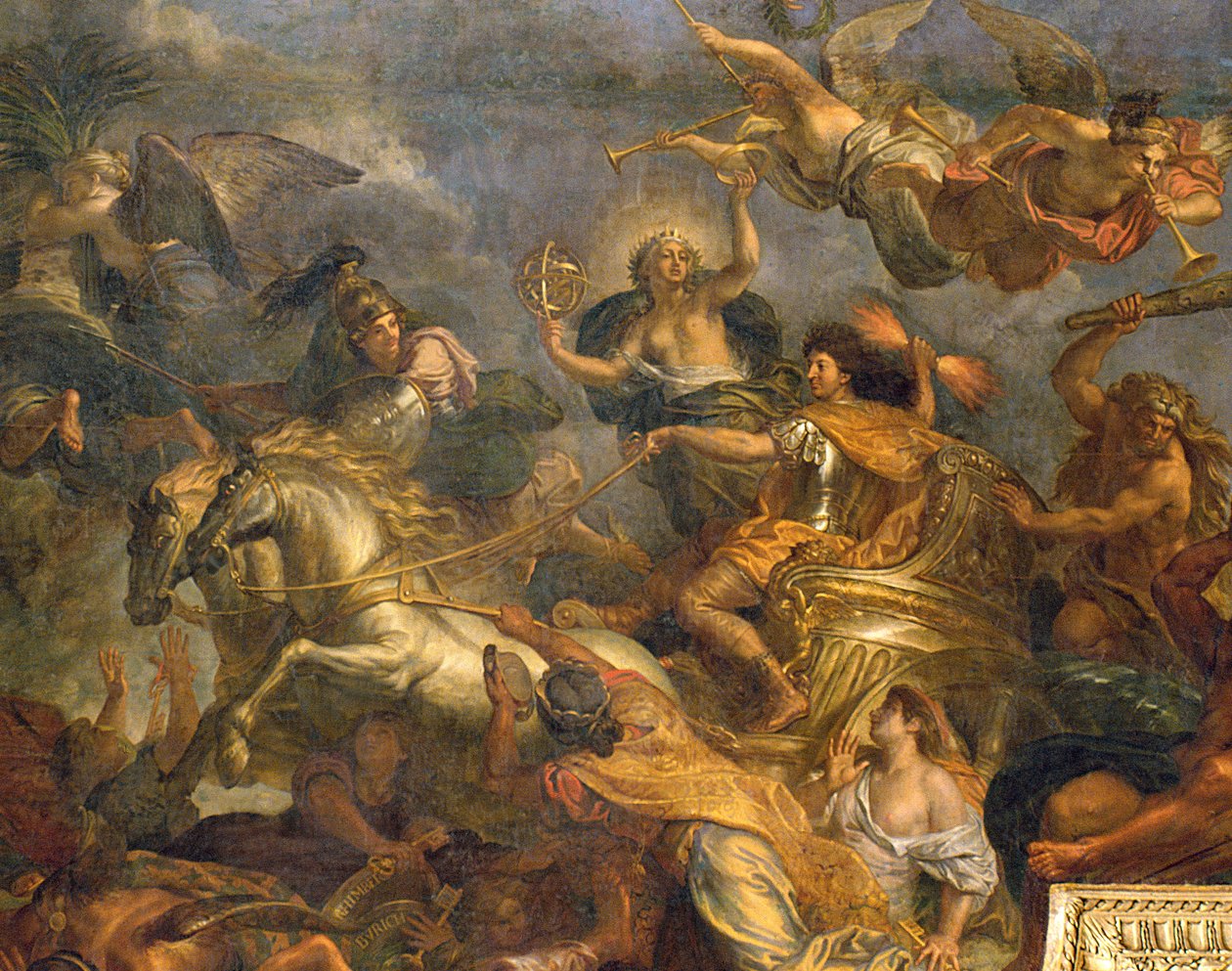 Utsikt over kongen som tok Maastricht på tretten dager i 1673 og passasjen på Rhinen i fiendenes nærvær i 1672, takmaleri fra Galerie des Glaces, 1678-86 detalj av 208101 av Charles Le Brun