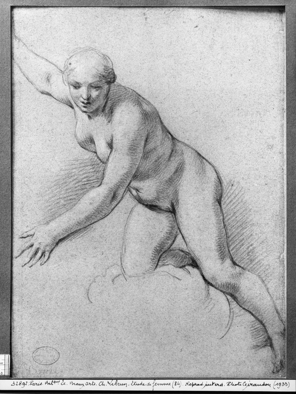 Kvinne som kneler på en sky (pierre noire på grått papir) av Charles Le Brun