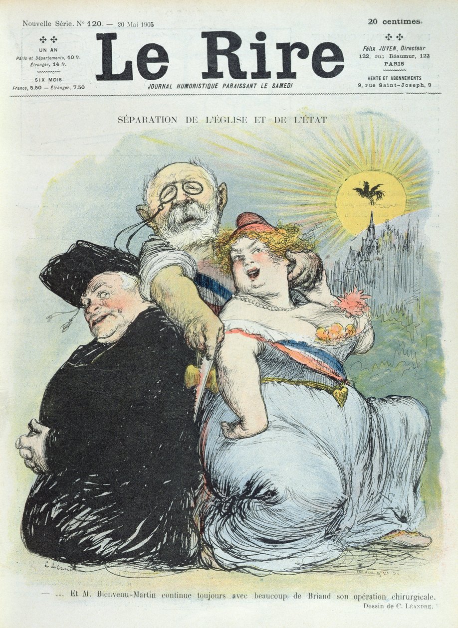 Jean-Baptiste Bienvenu-Martin (1847-1943) skiller staten fra kirken, karikatur fra magasinet Le Rire 20. mai 1905 av Charles Leandre