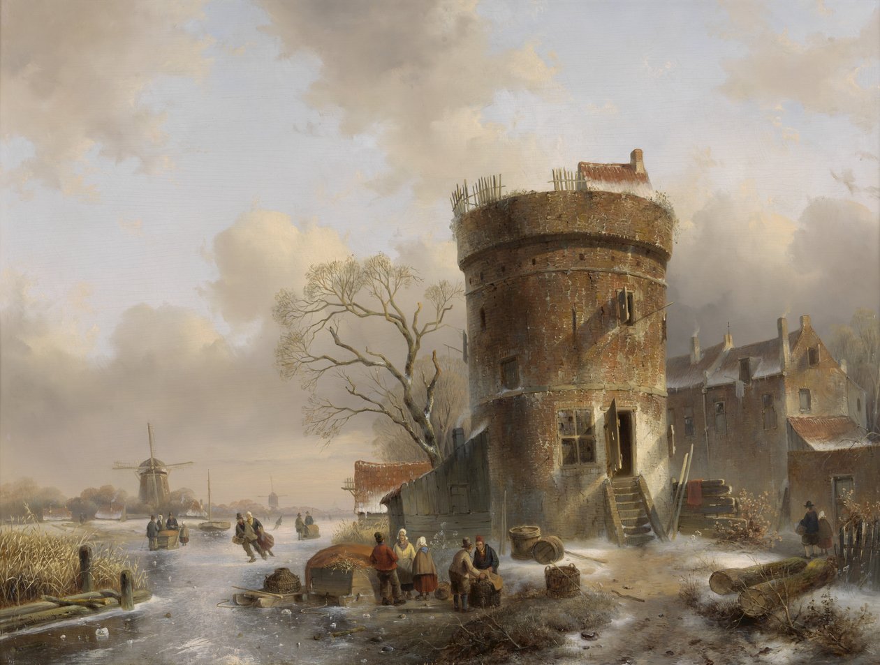 Vinterlandskap med figurer på en frossen elv nær et tårn av Charles Henri Joseph Leickert