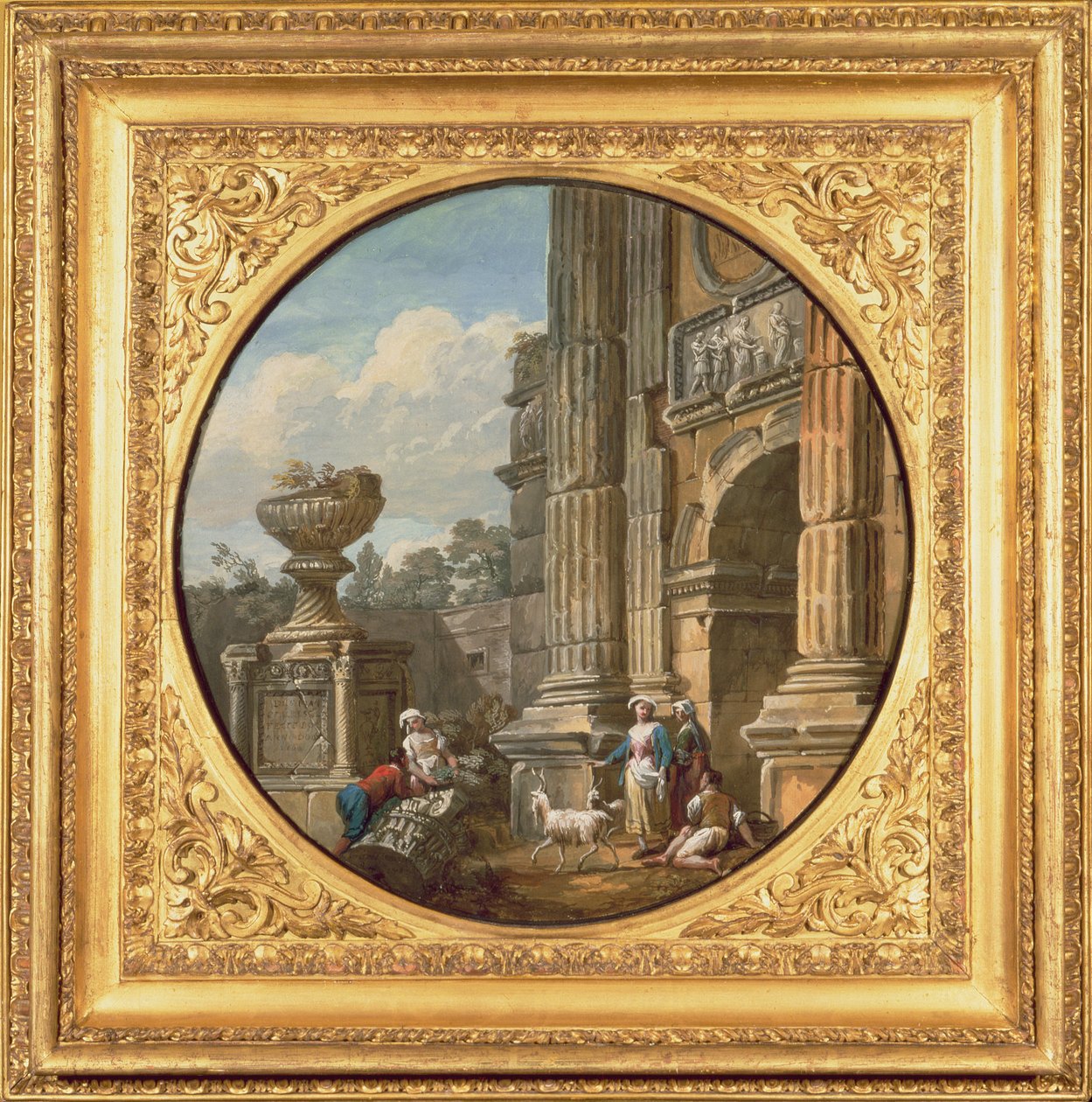 Arkitektonisk emne: Bue, grav, figurer og geiter, 1760-tallet av Charles Louis Clerisseau