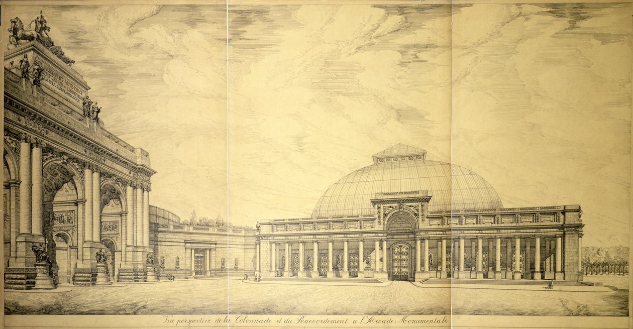Triumfbuen og en av de halvsirkelformede søylevingene til Palais du Cinquantenaire, Brussel, 1906 av Charles Louis Girault