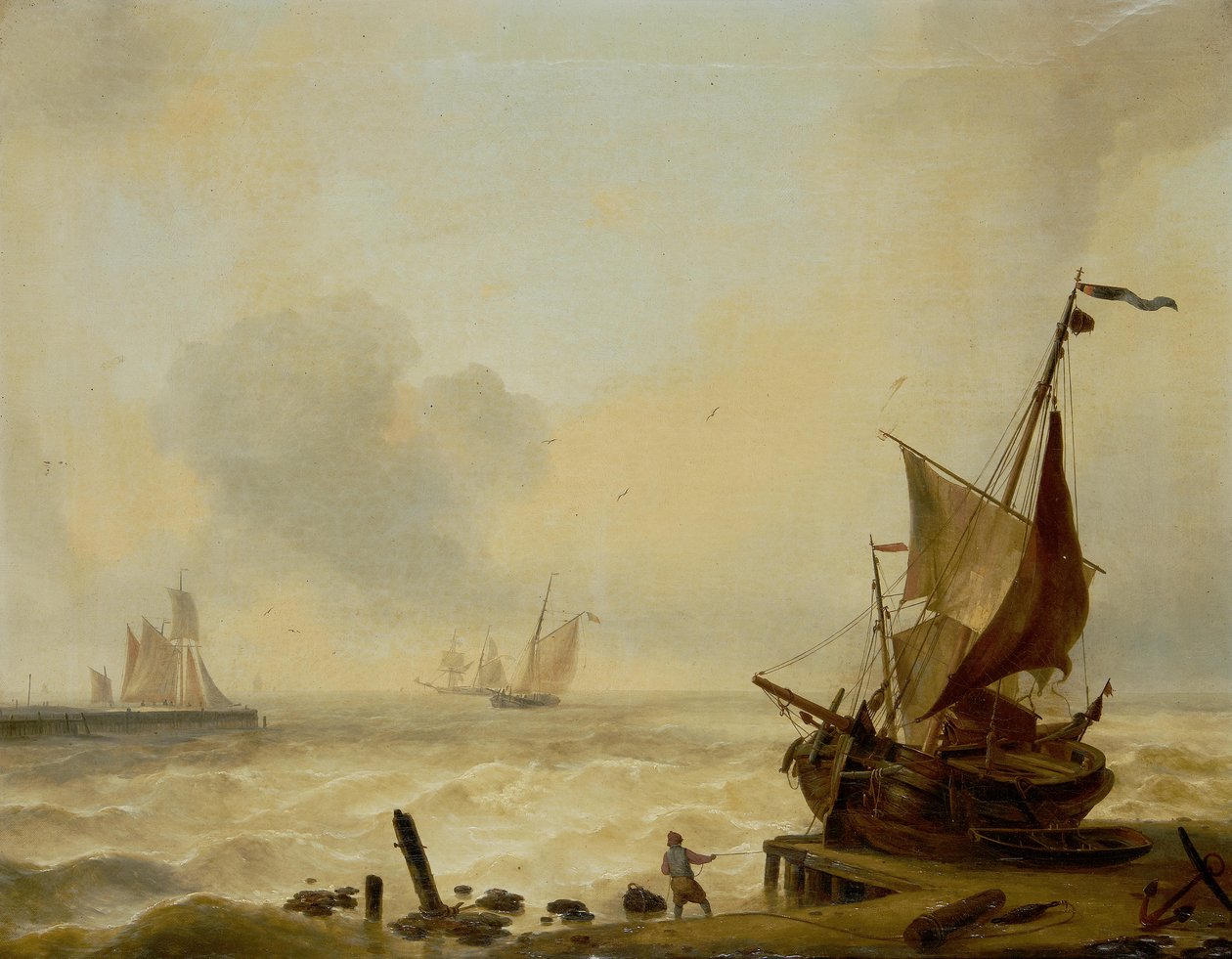 Små båter sliter i en kraftig dønning utenfor havnemunningen av Charles Louis Verboeckhoven