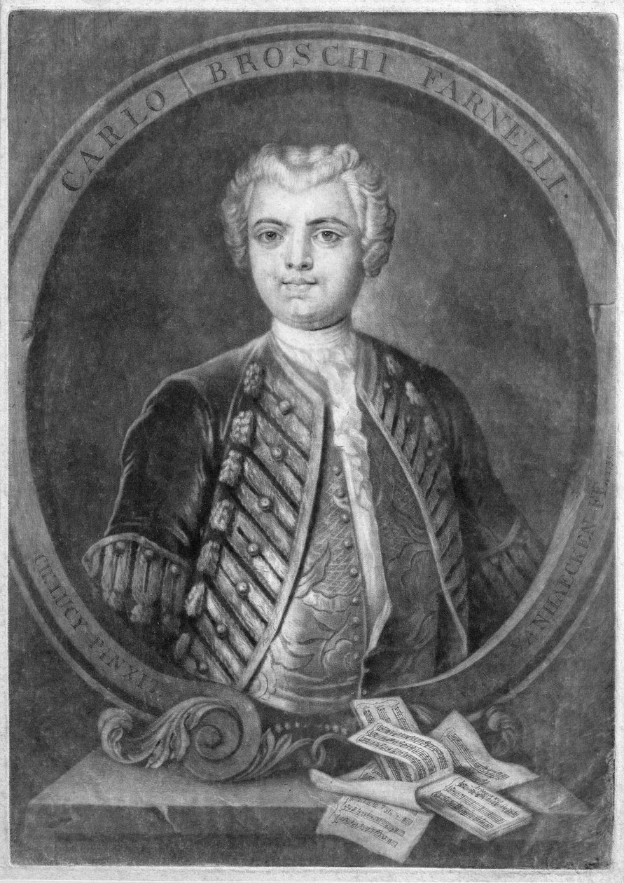 Portrett av Carlo Broschi Farinelli (1705-82), italiensk castrato, gravert av Alexander von Haecken (1701-58), 1735 av Charles Lucy