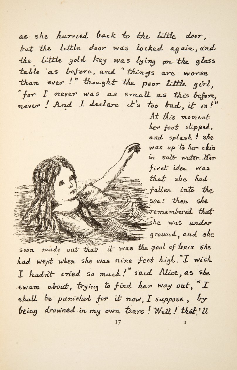 Alice faller inn i Pool of Tears, illustrasjon fra Alices Adventures Under Ground, pub. 1886 (faksimile) av Charles Lutwidge Dodgson