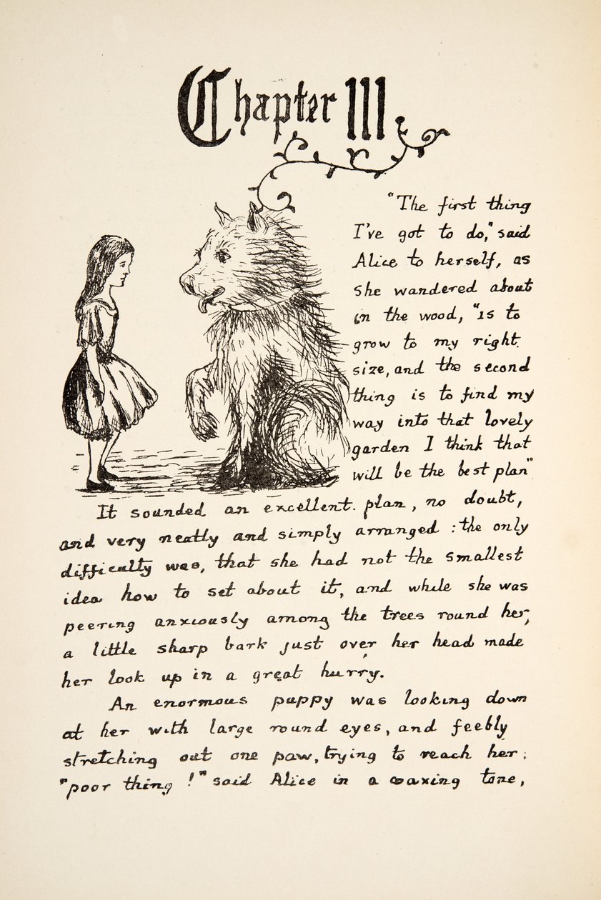 Alice meets the Puppy, illustrasjon fra Alices Adventures Under Ground, pub. 1886 (faksimile) av Charles Lutwidge Dodgson