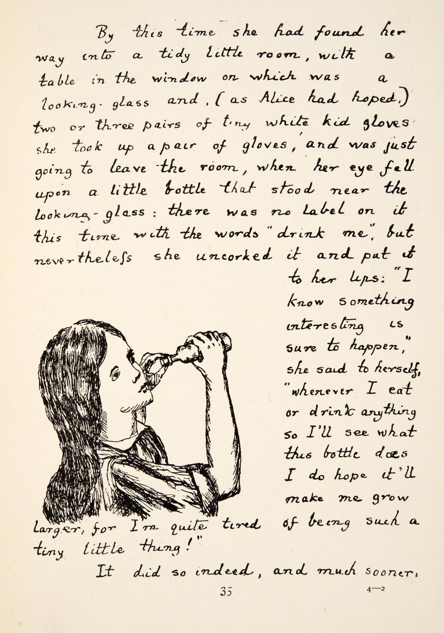 Alice løsner den lille flasken, illustrasjon fra Alices Adventures Under Ground, pub. 1886 (faksimile) av Charles Lutwidge Dodgson
