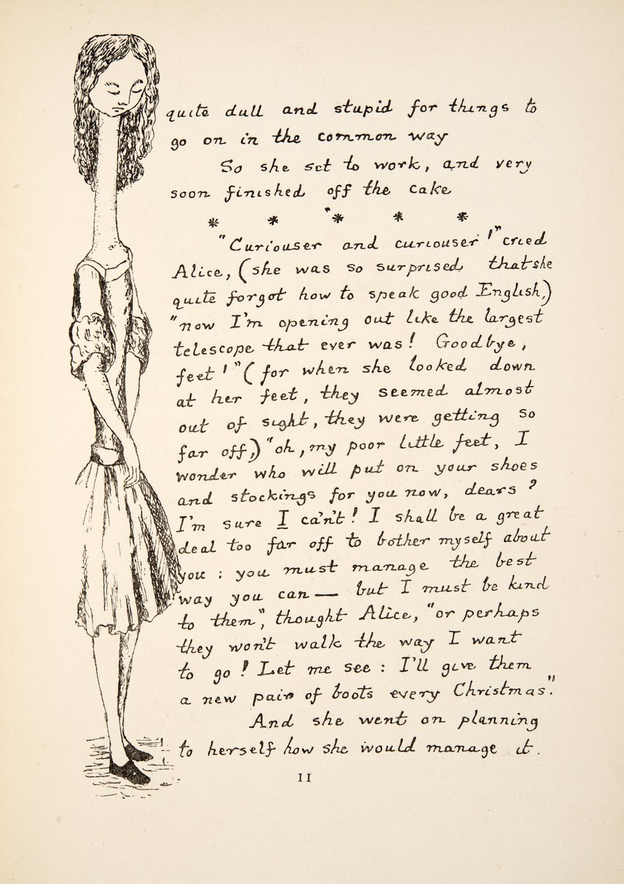 Curiouser and Curiouser, illustrasjon fra Alices Adventures Under Ground, pub. 1886 (faksimile) av Charles Lutwidge Dodgson