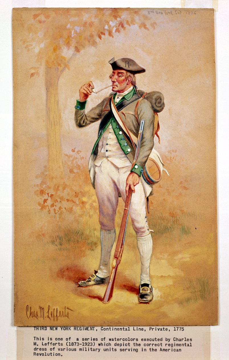 Uniform av en menig av kontinentallinjen i 3. New York Regiment i 1775, ca. 1920 av Charles MacKubin Lefferts