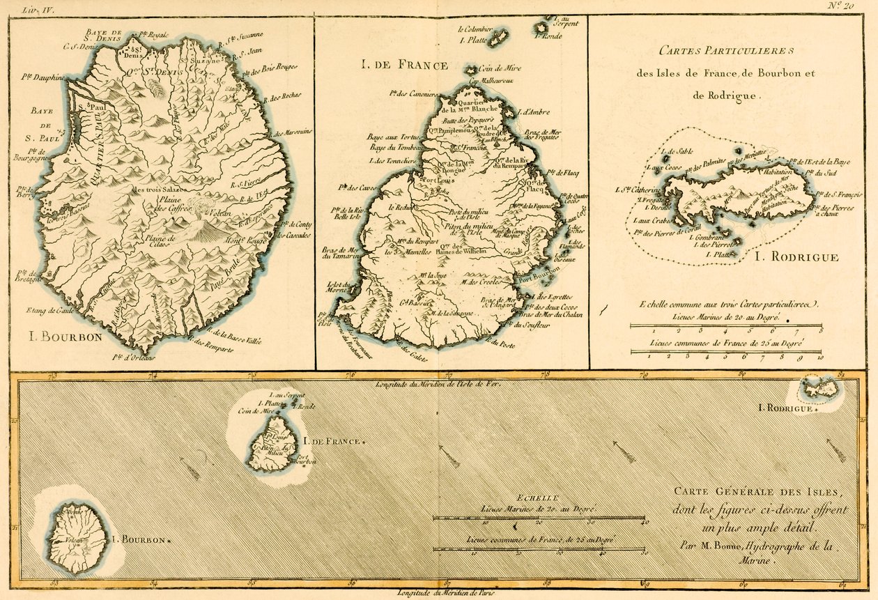 Øyene Rodriguez, Isle de France og Bourbon, fra 'Atlas of All Known Parts of the Globe Terrestre' av Guillaume Raynal (1713-96) utgitt 1780 av Charles Marie Rigobert Bonne
