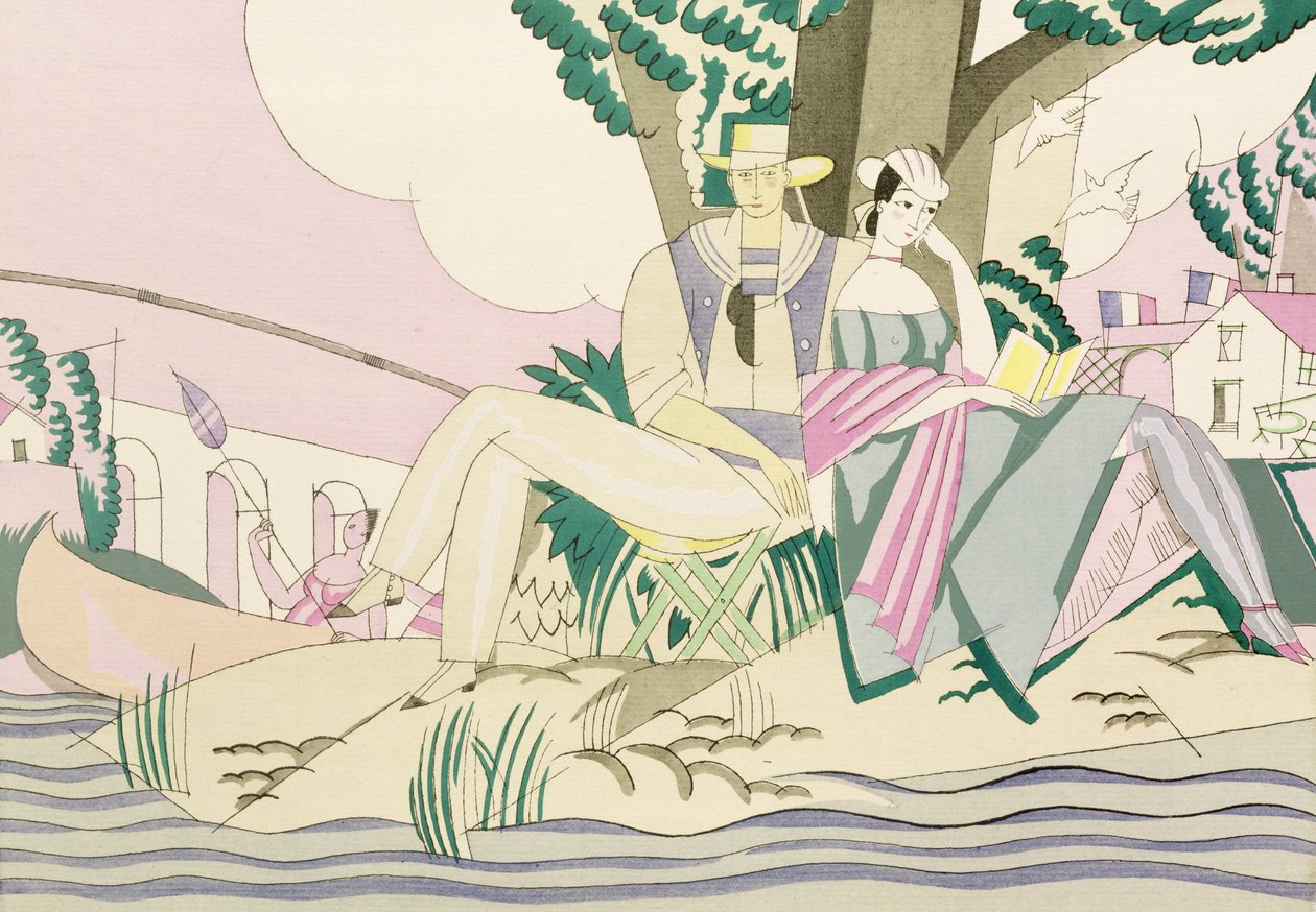 Piknik- og fiskescene, ca. 1920 (stensil på papir) av Charles Martin