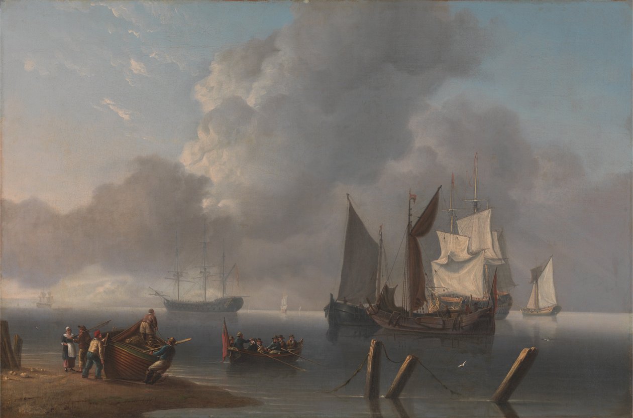 Krigsskip som ligger offshore, den kommanderende admiralen blir rodd ut for å bli med i flaggskipet, Her Sails Illu ... av Charles Martin Powell