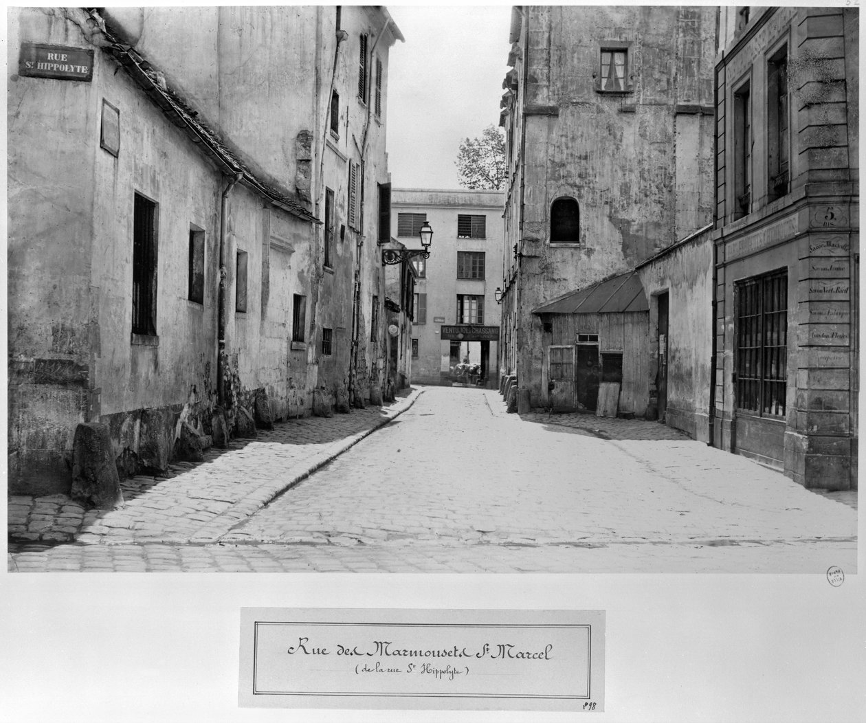 Rue des Marmousets Saint-Marcel, fra rue Saint-Hippolyte, Paris, 1858-78 av Charles Marville