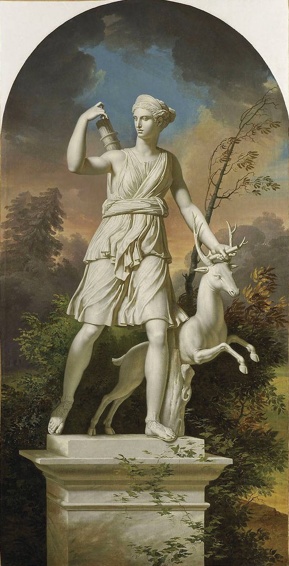 Statuer av Diana the Huntress i en landskapsform av Charles Meynier