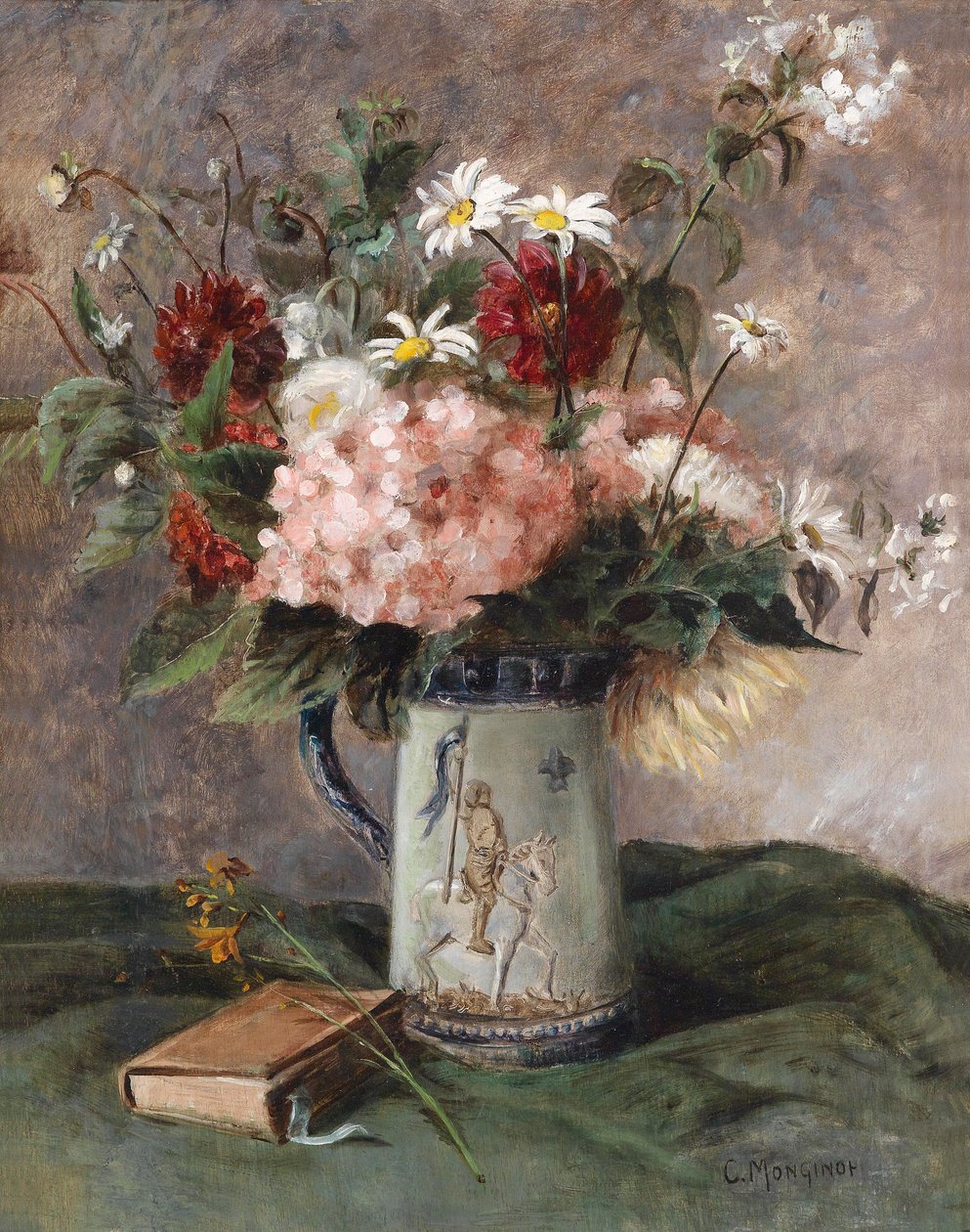 Blomsterstykke med bok av Charles Monginot