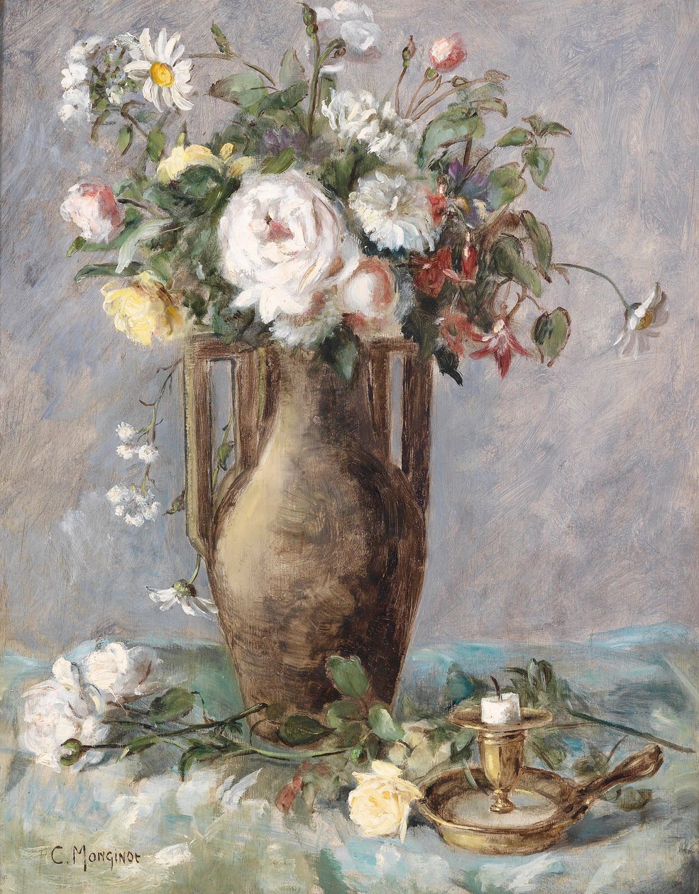 Blomsterstykke med lysestake av Charles Monginot